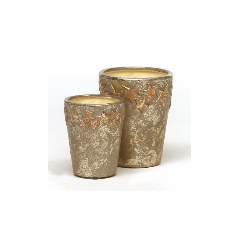 csillagmintás kerámia kaspó szett antikolt arany 13x16cm S/2