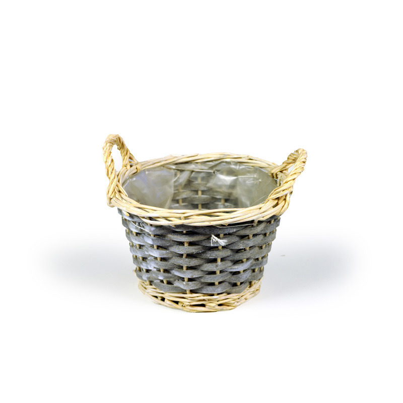 hasított fa kaspó vessző perem mel két füllel szürke 17x12/15cm