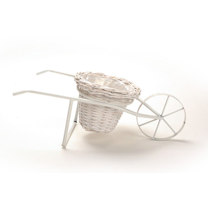 vastagperemes hasított vessző kaspó fém talicskán fehér 55x26x21cm