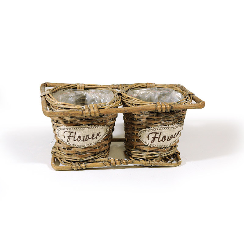 hasított vessző dupla kaspó flower felirattal szürke 24,5x13x11,5cm