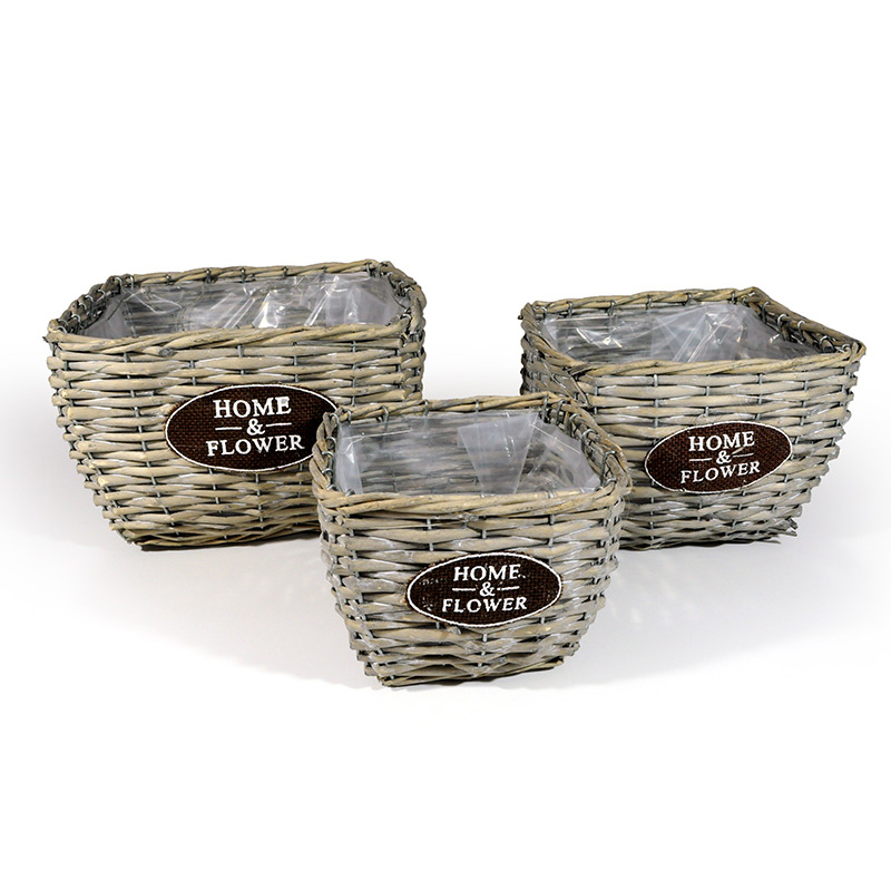 sz&ouml;gletes has&iacute;tott vessző t&aacute;l szett home&flower sz&uuml;rke felirattal 27x 27x17cm S/3