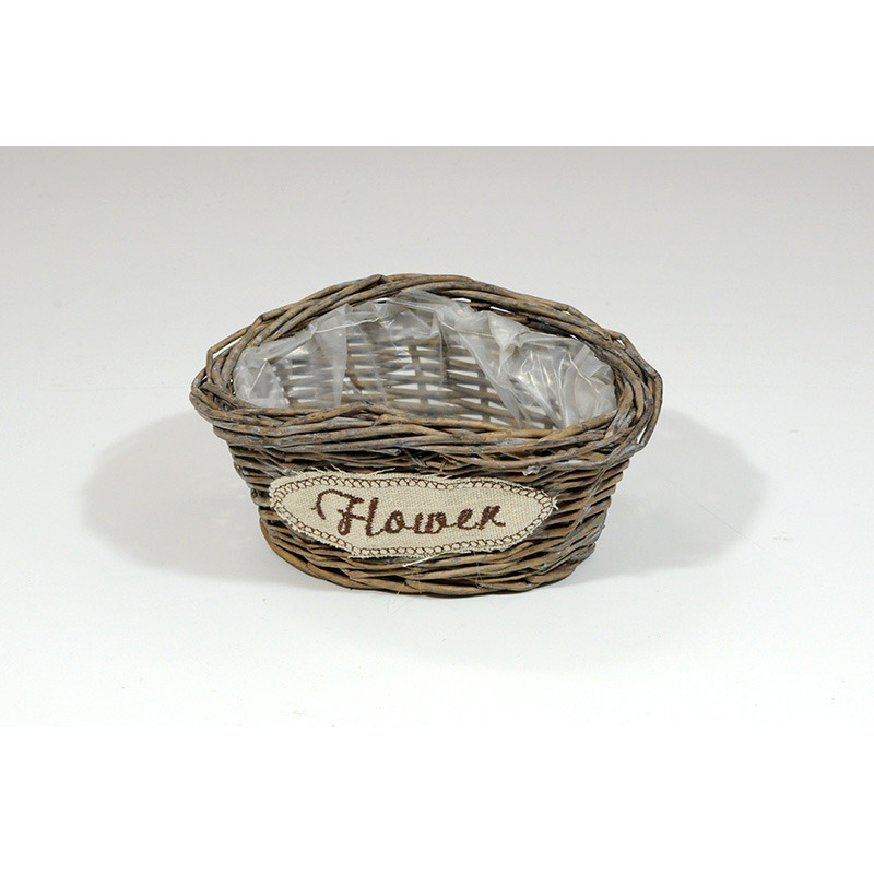 &iacute;ves tetejű ov&aacute;lis vessző t&aacute;l flower felirattal sz&uuml;rke 16x12x6/8cm