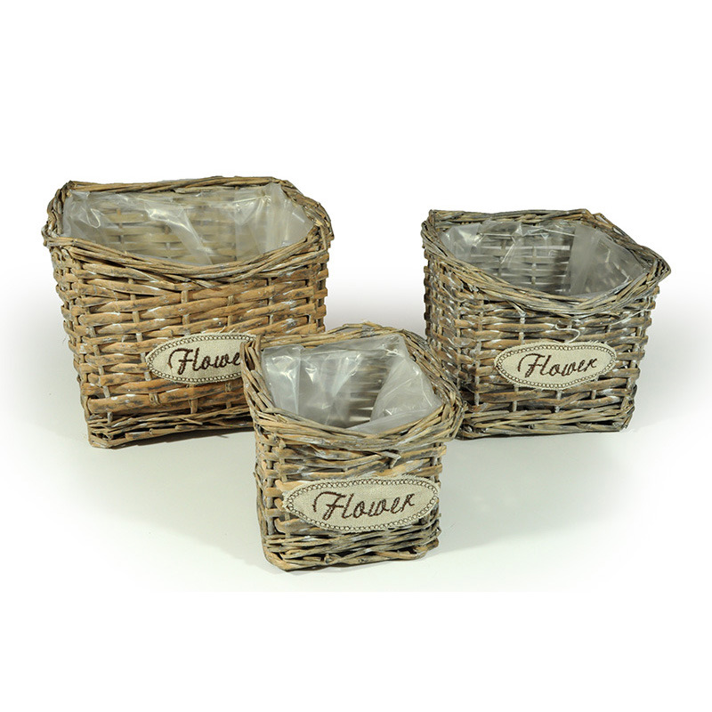 ívelt elejű szögletes hasított vessző szett flower felirattal szürke 21x21x16cm S/3