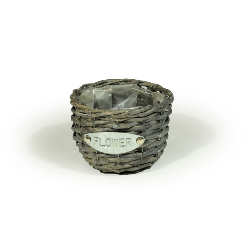 hasított vessző kaspó flower felirattal szürke 13,5x10cm