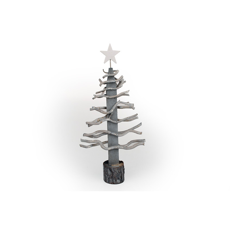 fenyőfa &aacute;gakb&oacute;l csillaggal fat&ouml;rzs talpon sz&uuml;rke-feh&eacute;r 25x7x49cm