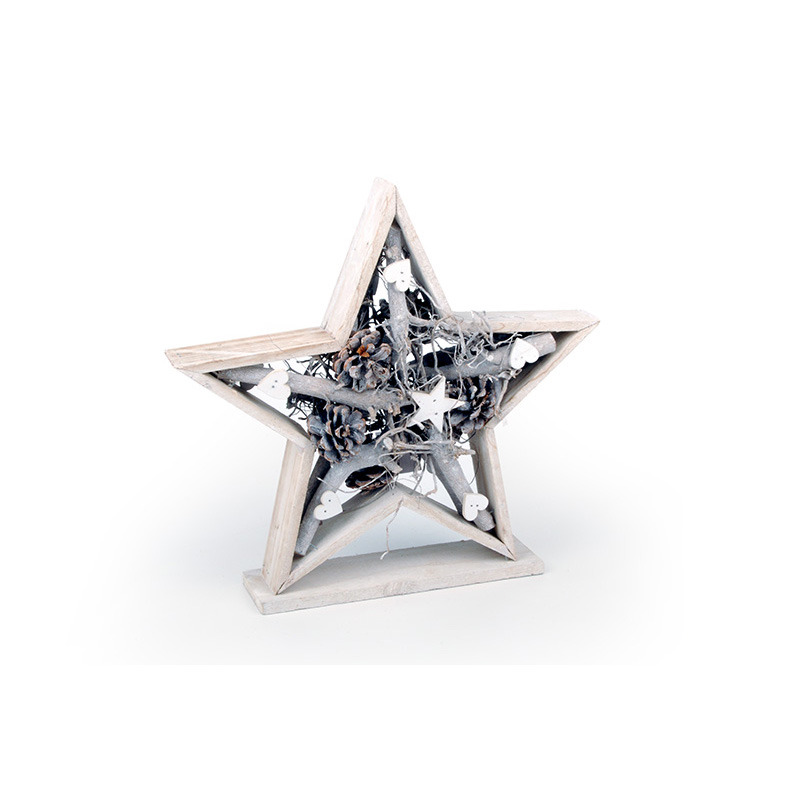 fa &eacute;s apr&iacute;tott fa dekor&aacute;ci&oacute;s csillag tobozzal sz&iacute;vvel nat&uacute;r-sz&uuml;rke 35x7x33,5cm