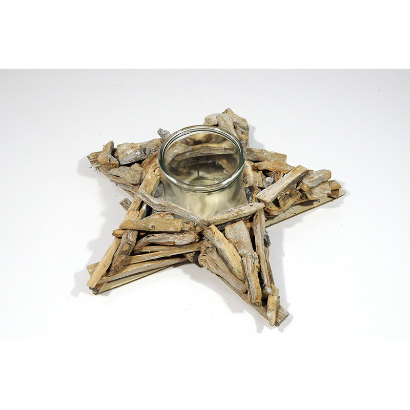 csillag alakú aprított fa mécsestartó antikolt barna 35x35x11cm