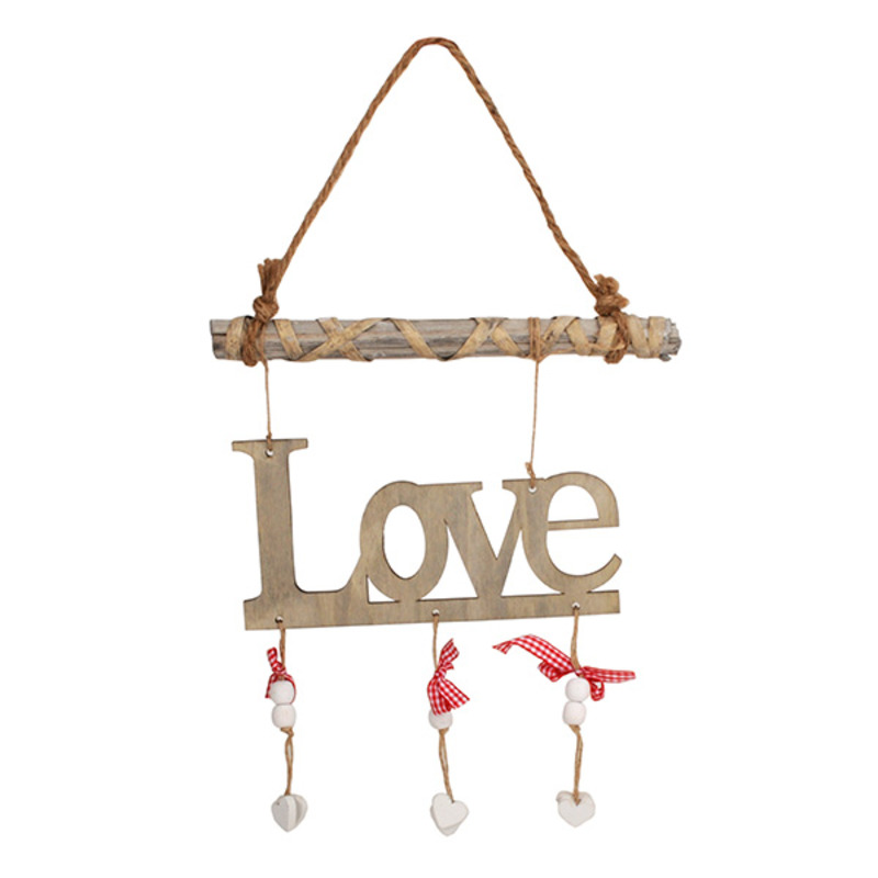 akaszt&oacute;s fa love felirat sz&iacute;vvel &eacute;s masnival sz&uuml;rke-feh&eacute;r-piros 30x50 cm