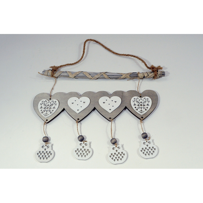 akaszt&oacute;s 4-es fa sz&iacute;v baglyokkal feh&eacute;r-sz&uuml;rke 40x45cm