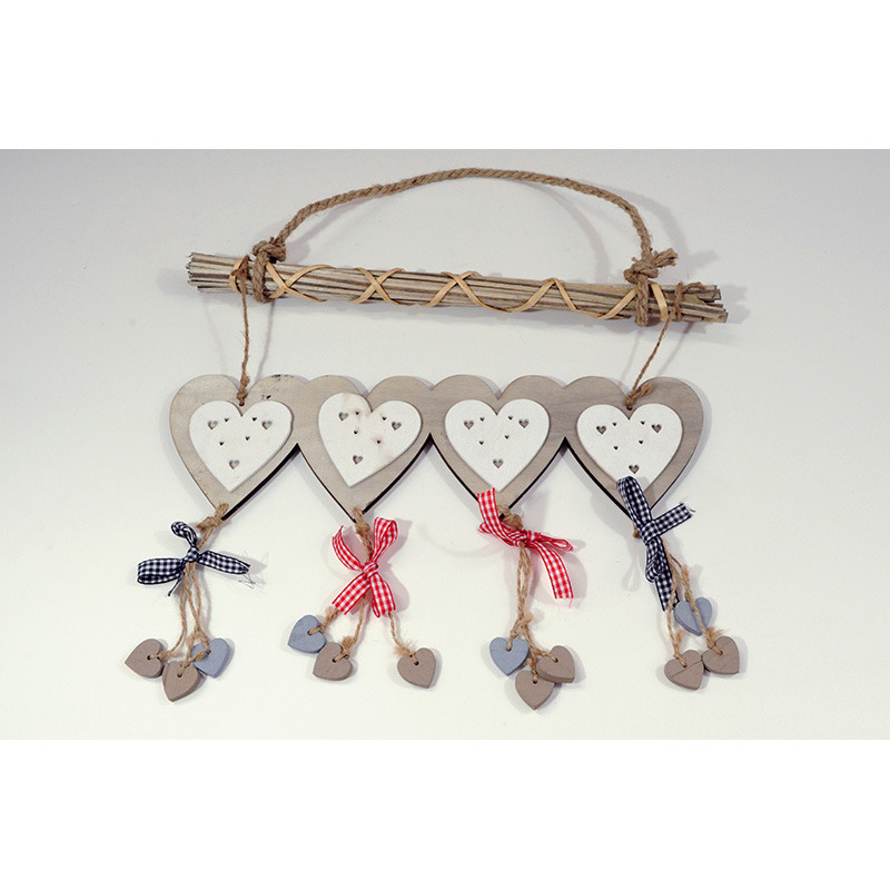 akasztós 4-es fa szív masnival kis szívekkel fehér-szürke-piros-fekete 39x48cm