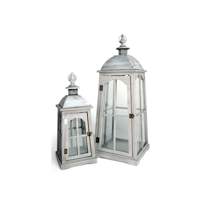 fa lámpás szett fém tetővel szürke 24x24x74cm S/2