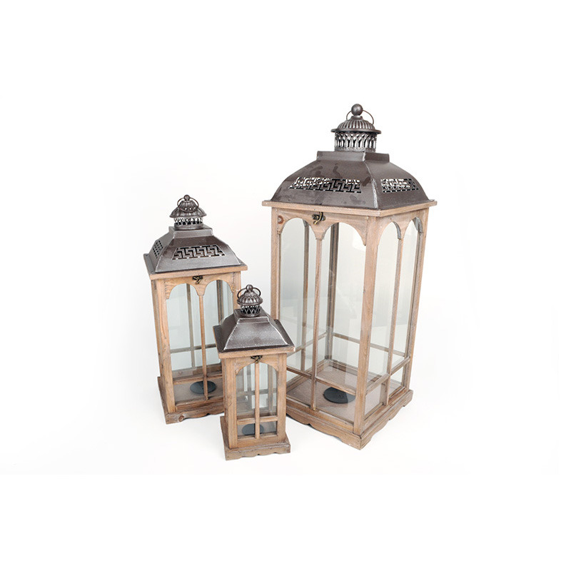 fa lámpás szett fém tetővel antikot barna 31,5x31,5x81cm S/3