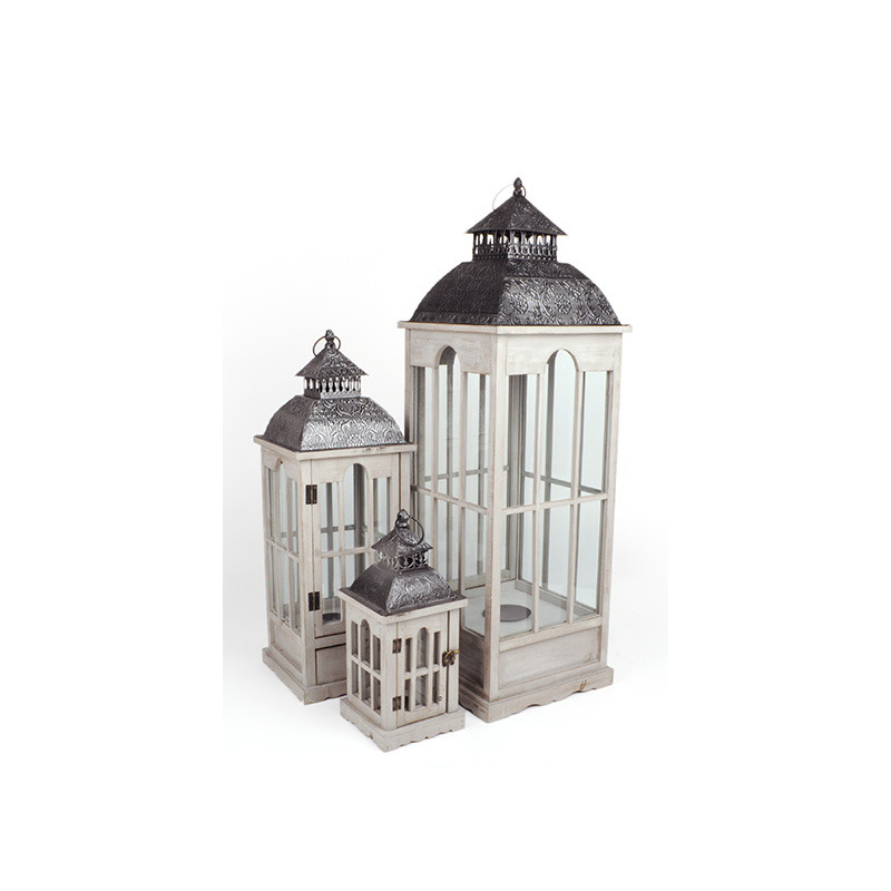 fiókos fa lámpás szett fém tetővel szürke-barna 30x30x94cm S/3