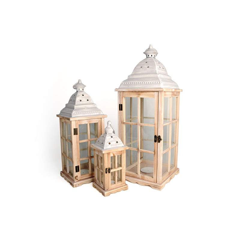 fa lámpás szett fém tetővel antikolt natúr 27,5x27,5x74cm S/3