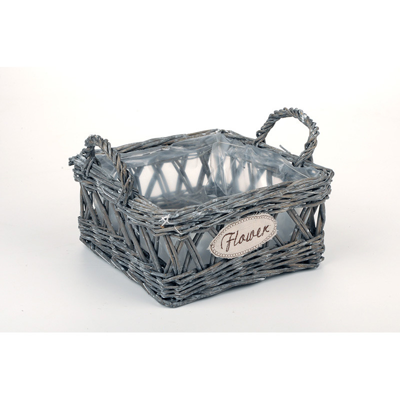 szögletes vastag vessző tál két füllel Flower felirattal szürke 24x 24x12/17cm