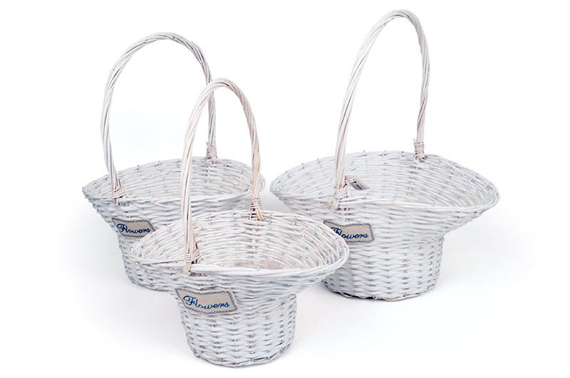 has&iacute;tott vessző florentin kos&aacute;r szett flowers felirattal feh&eacute;r S/3 45x40x25/58cm