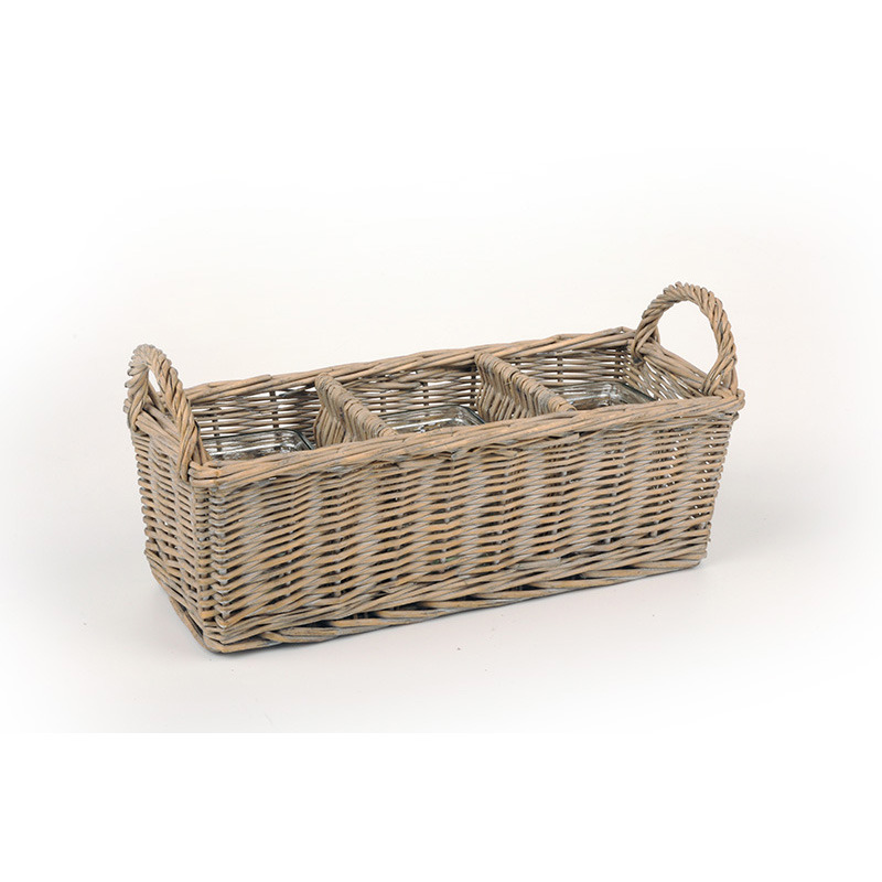 szögletes hántolt vessző osztott tál két füllel 3 üveg kaspóval anti kolt natúr 34x14x12/16cm