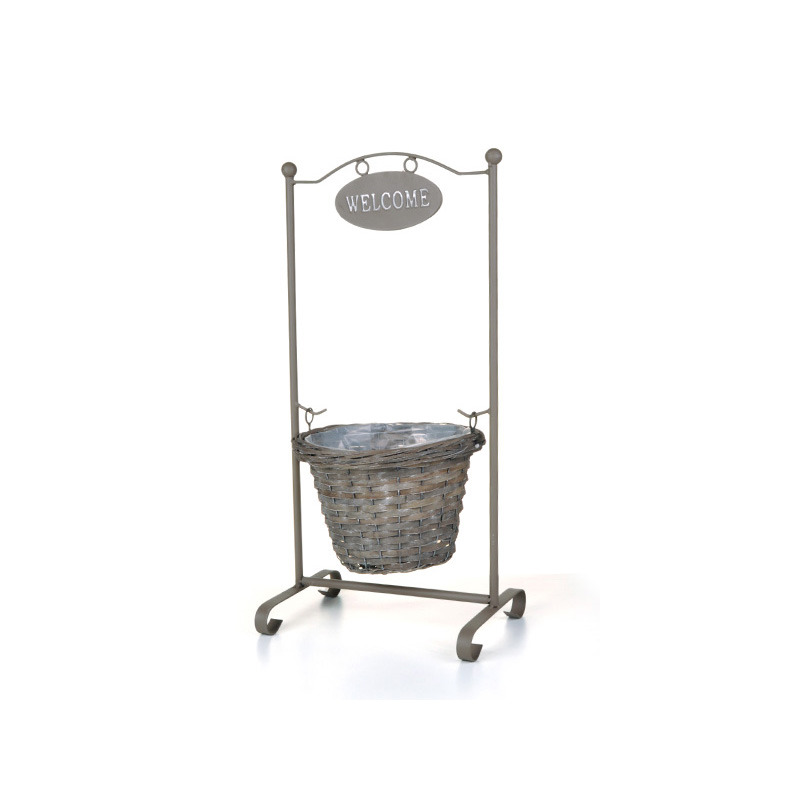 vastagperemes hasított fa kaspó állvánnyal welcome felirattal szürke 29x19/67