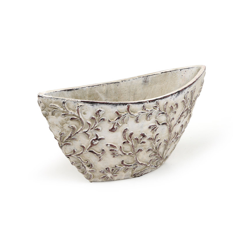 csónak alakú virágmintás kő tál szürke 30x12x15cm