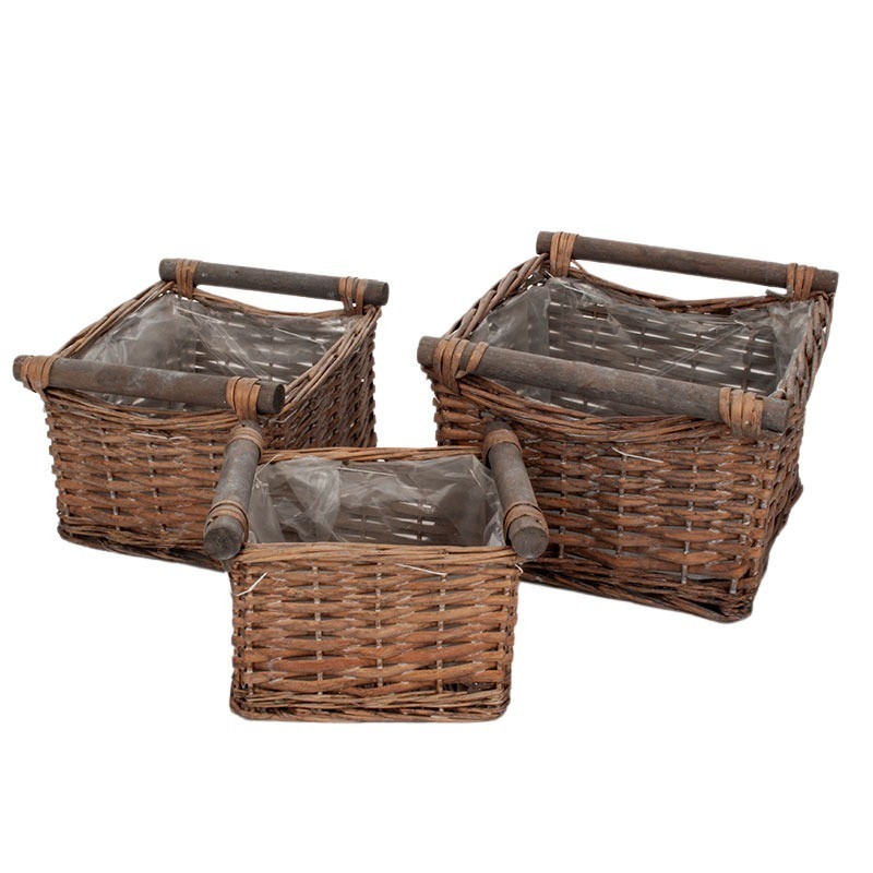 sz&ouml;gletes has&iacute;tott vessző t&aacute;l szett fa f&uuml;llel antikolt barna 28x25,5x16,5/18cm S/3