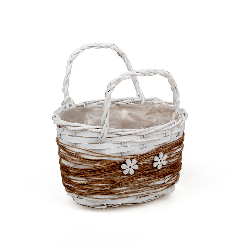 hasított fa ridikül masnival és fa virággal fehér 24x16,5x15/25cm