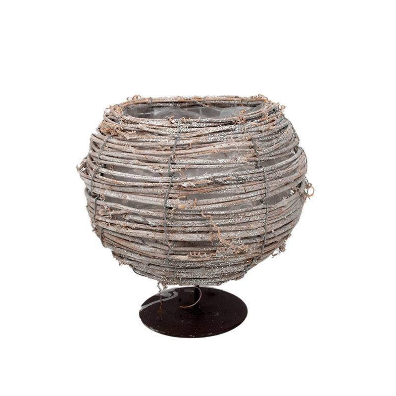 rattan gömbkaspó fém talpon csillogó szürke 14,5x15/20cm