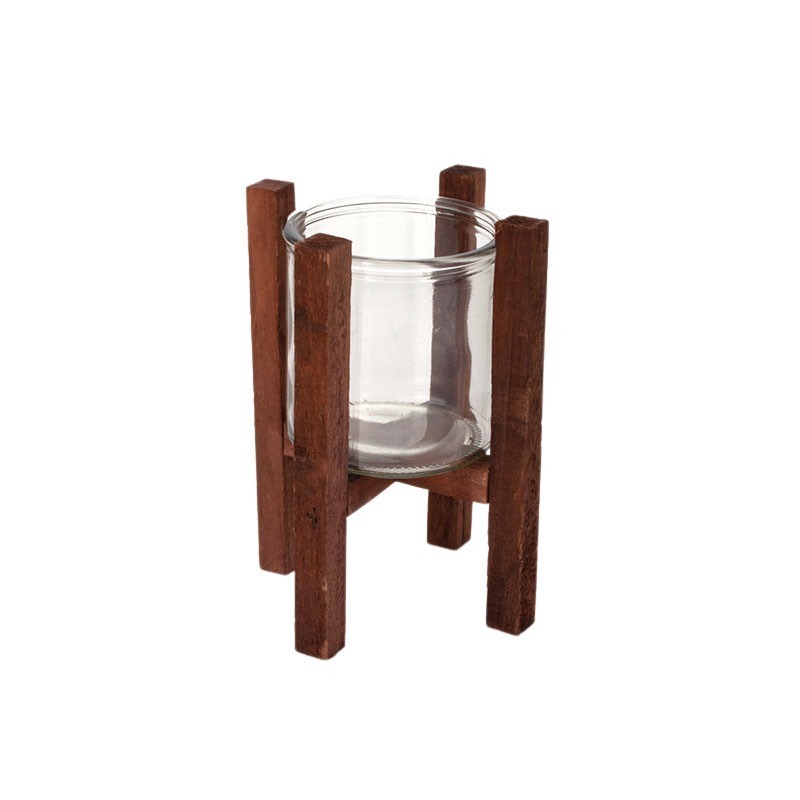 üveg hengerváza fa állványban barna 14x14x10/19cm
