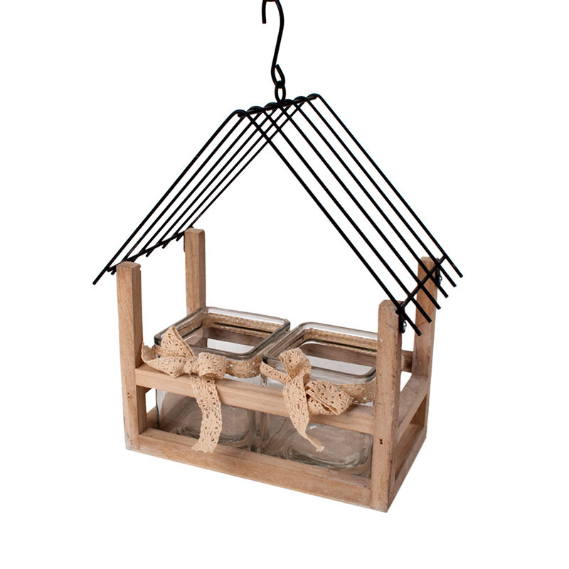 fa házikó fém tetővel két üveg kockával natúr-fekete 30x14x31cm üveg: 10x10x10cm