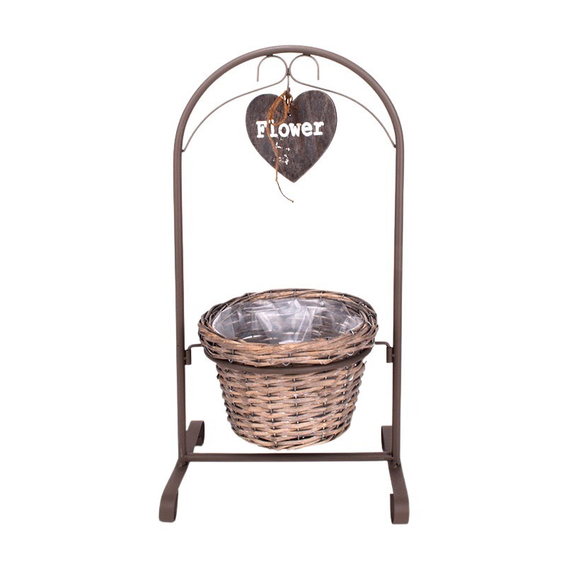 hasított fa kaspó szíves fém állványon Flower felirattal 22x15/60cm