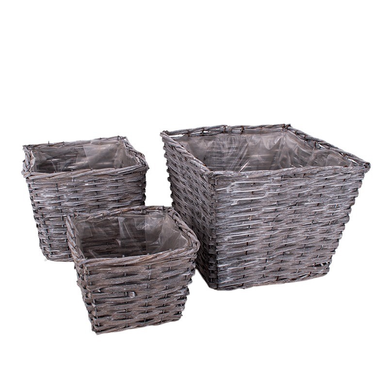 szögletes hasított fa kaspó szett szürke 32x30x24,5cm S/3