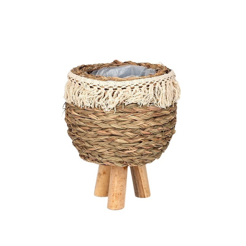 fonott lábas kaspó rojtokkal natúr barna 19x15/22cm