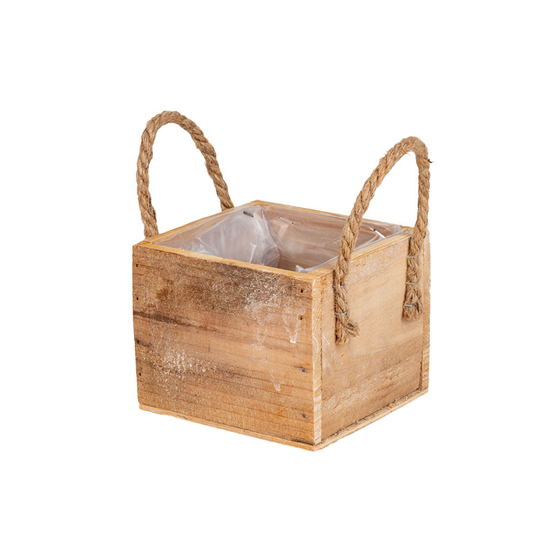 szögletes fa kaspó kötélfüllel 13x13x10,5cm