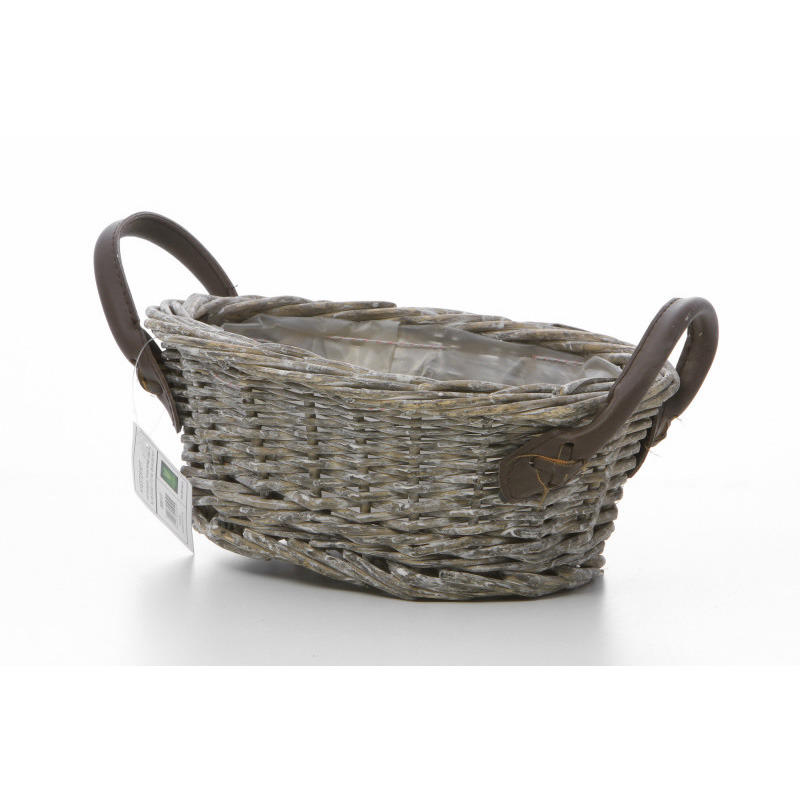 ovális vessző tál két bőr füllel antikolt barna 25x18x10cm