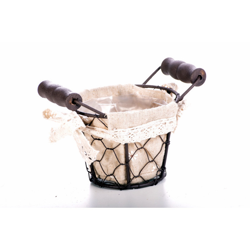 dróthálós kaspó textilbéléssel két fa füllel barna/drapp 8x6/9cm