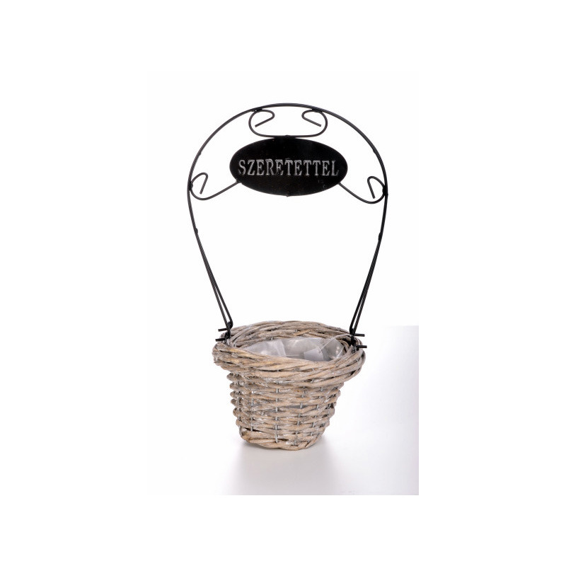 has&iacute;tott vessző vastag peremes kos&aacute;r szeretettel felirattal sz&uuml;rke 16x11/38cm