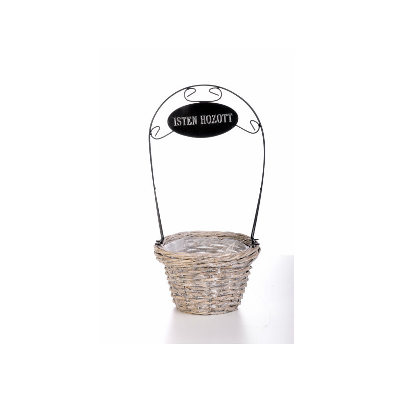 has&iacute;tott vessző vastag peremes kos&aacute;r Isten hozott felirattal sz&uuml;rke 24x16/50cm