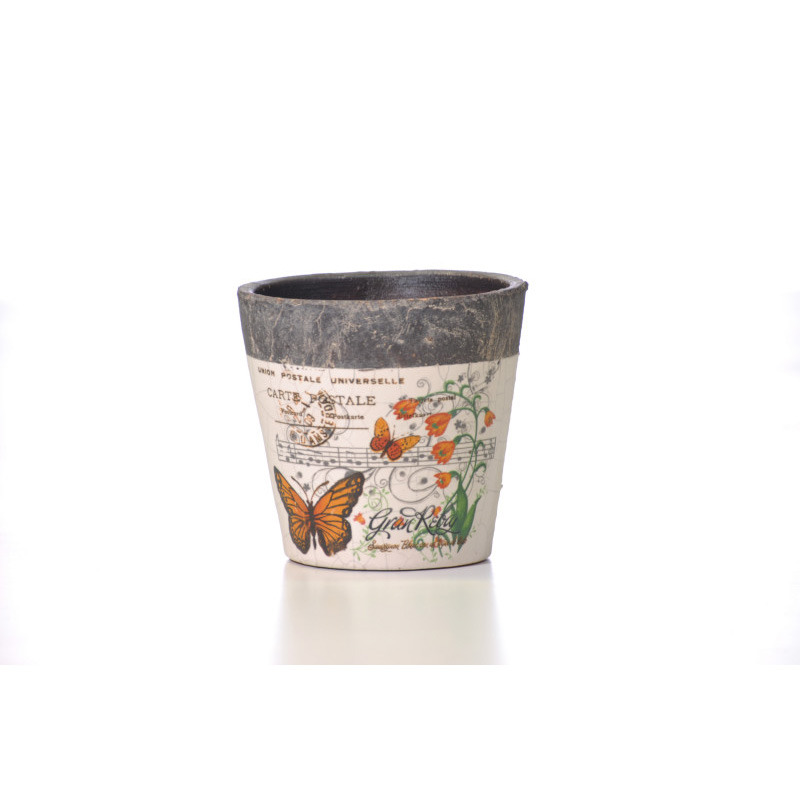 lepke és virágmintás kőkaspó narancs-zöld-krém 9,5x9cm