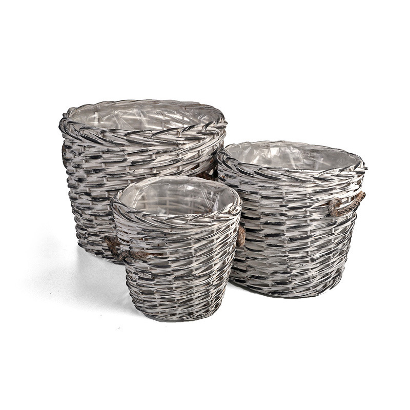 hasított fa kaspó szett antikolt fehér kötél füllel S/3 44x37cm