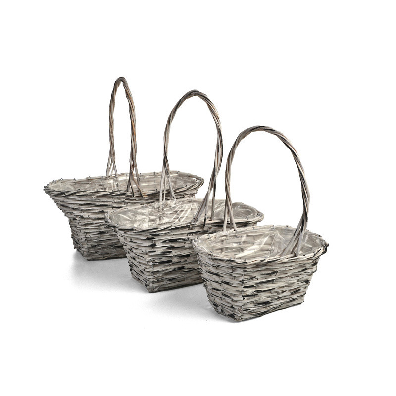 ovális hasított fa füles kosár szett antikolt fehér S/3 48x30x22/53cm