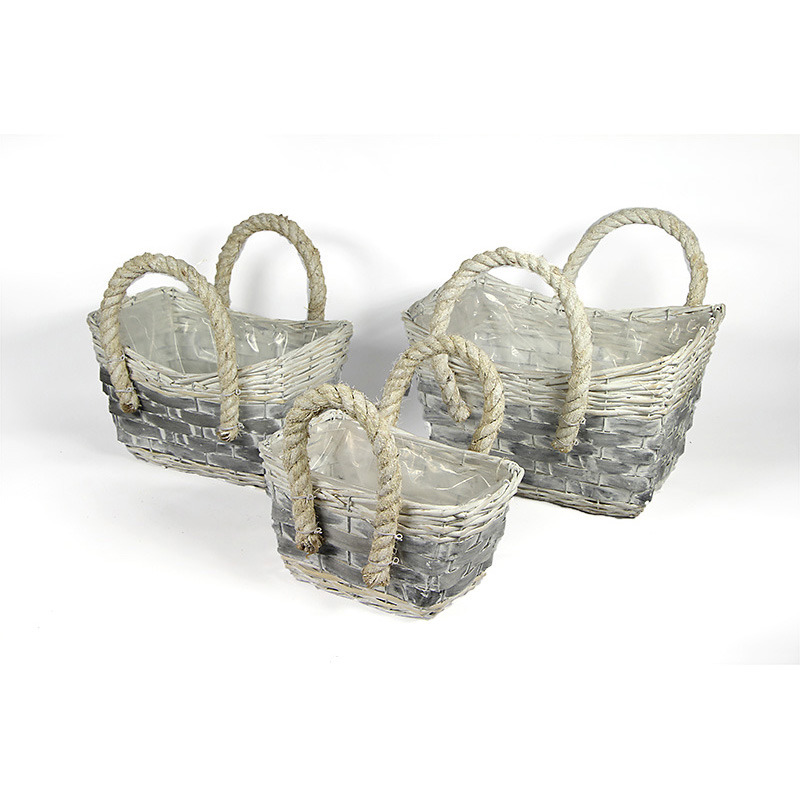 hasított fa és vessző táska szett 2 két kötél füllel antikolt szürke fehér S/3 35x28x22/32cm