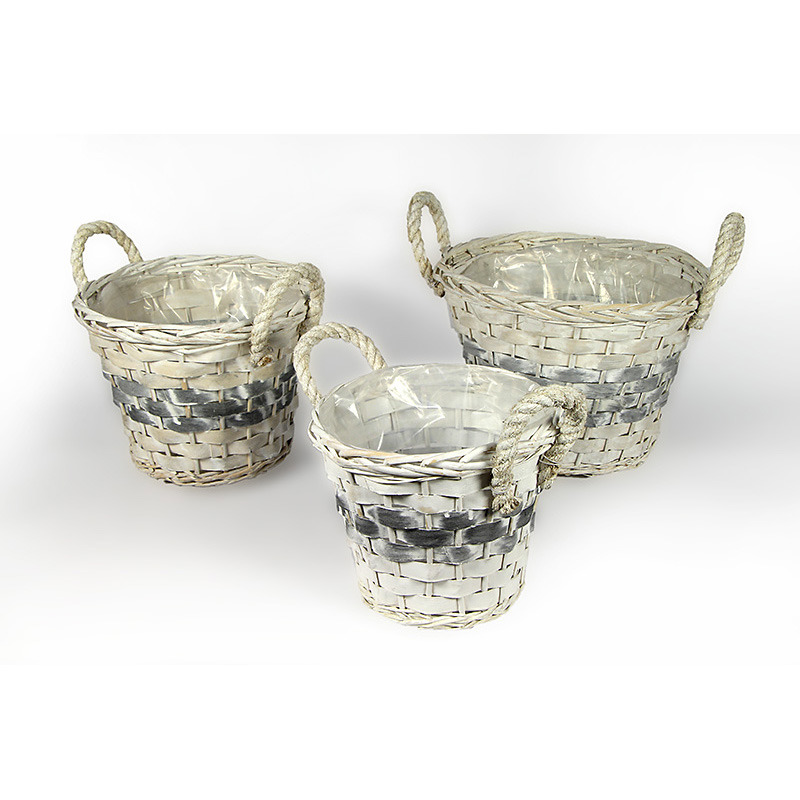 hasított fa kaspó szett kötél füllel antikolt fehér S/3 36x25/34cm