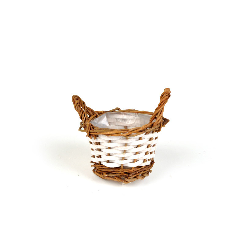 hasított fa és natúr vessző kaspó két füllel antikolt zöld 12x7,5cm