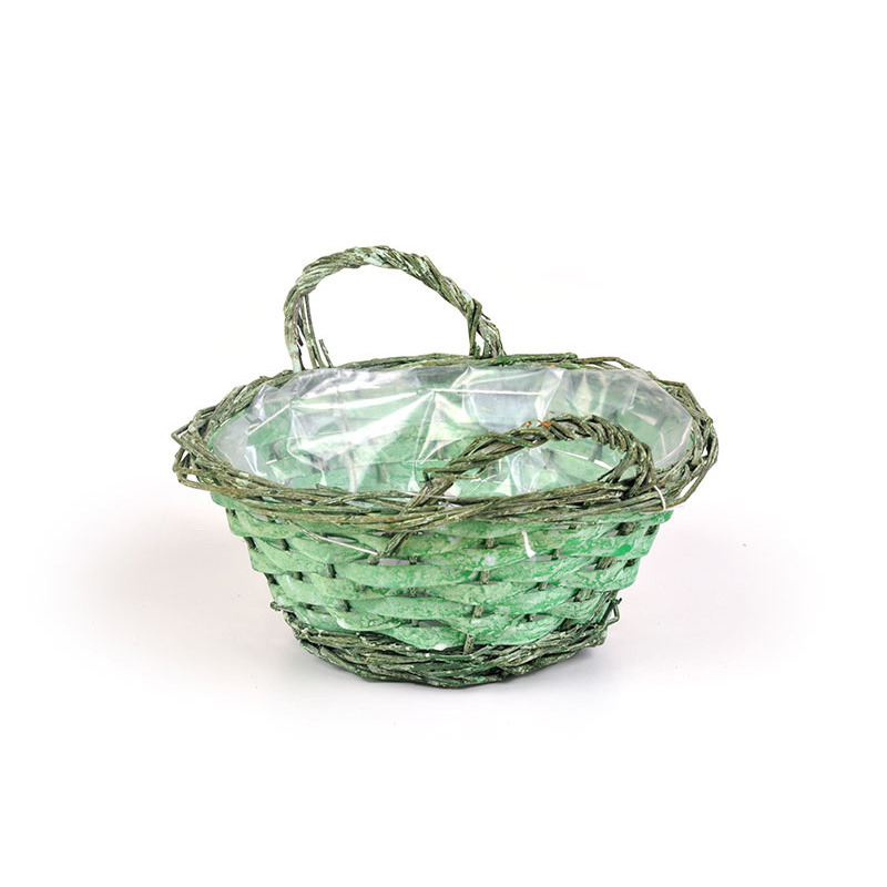 hasított fa és natúr vessző tál két füllel antikolt zöld 21x9cm