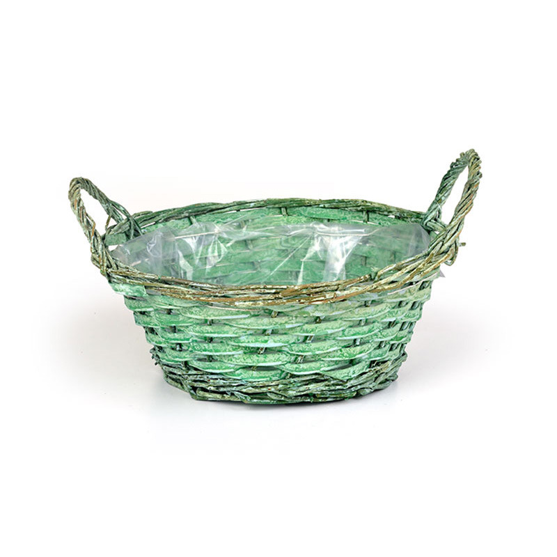 hasított fa és natúr vessző tál két füllel antikolt zöld 24x10cm