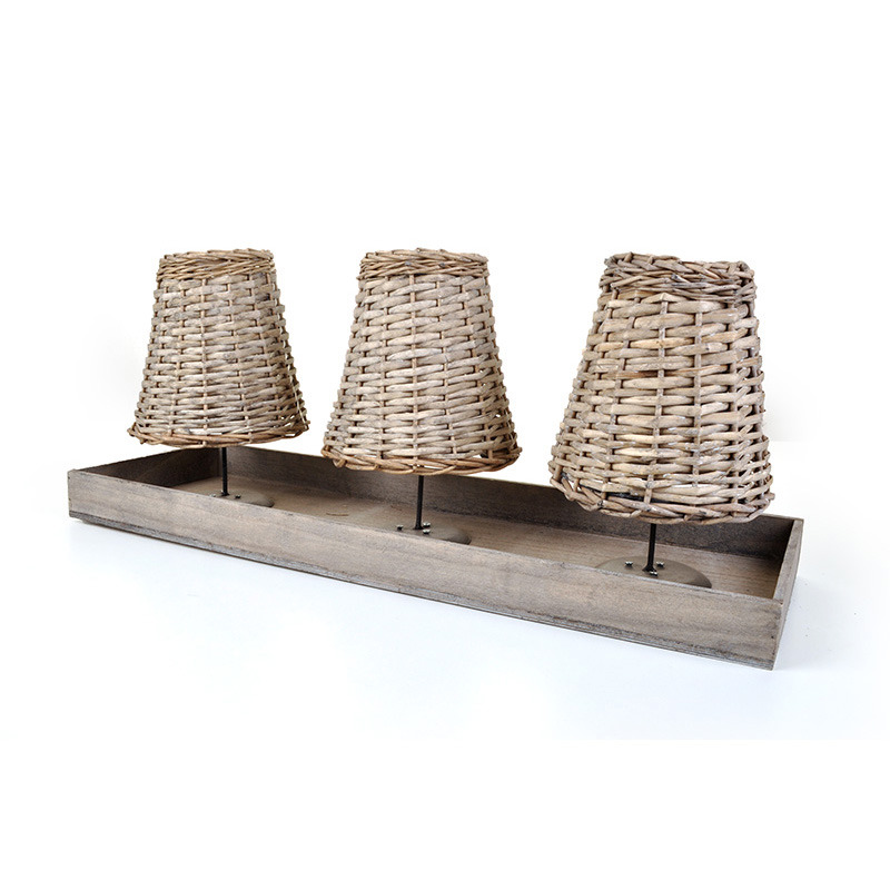 hasított fa asztali hármas lámpa mécsestartó fa keretben szürke 68x 23x28cm