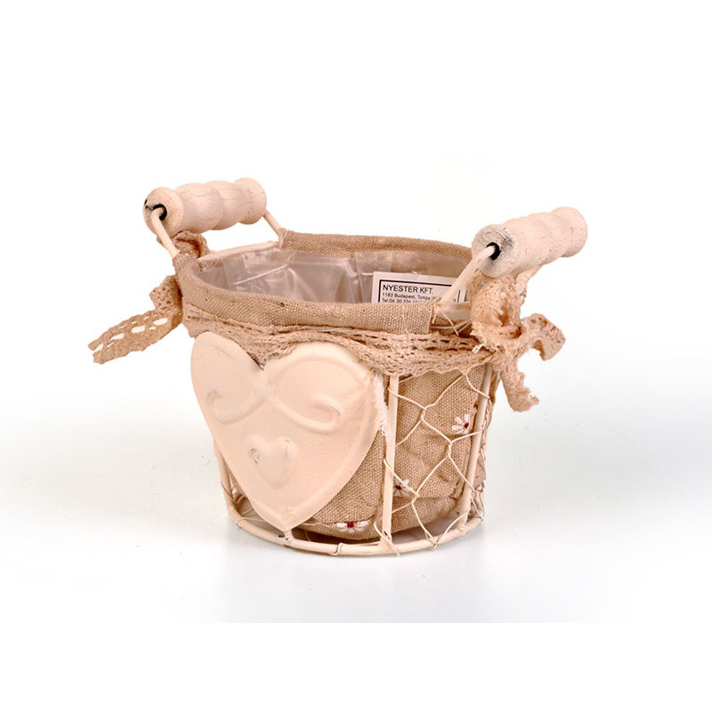 dróthálós kaspó szív mintával textil béléssel két fa füllel krém/drapp