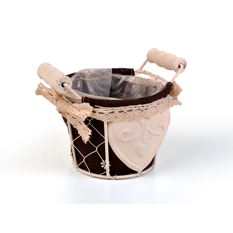 dróthálós kaspó szív mintával textil béléssel két fa füllel krém/barna