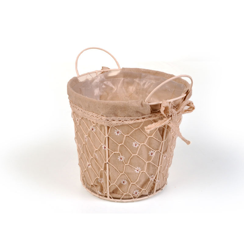 dróthálós kaspó két füllel textil béléssel krém/drapp 20x17/23cm