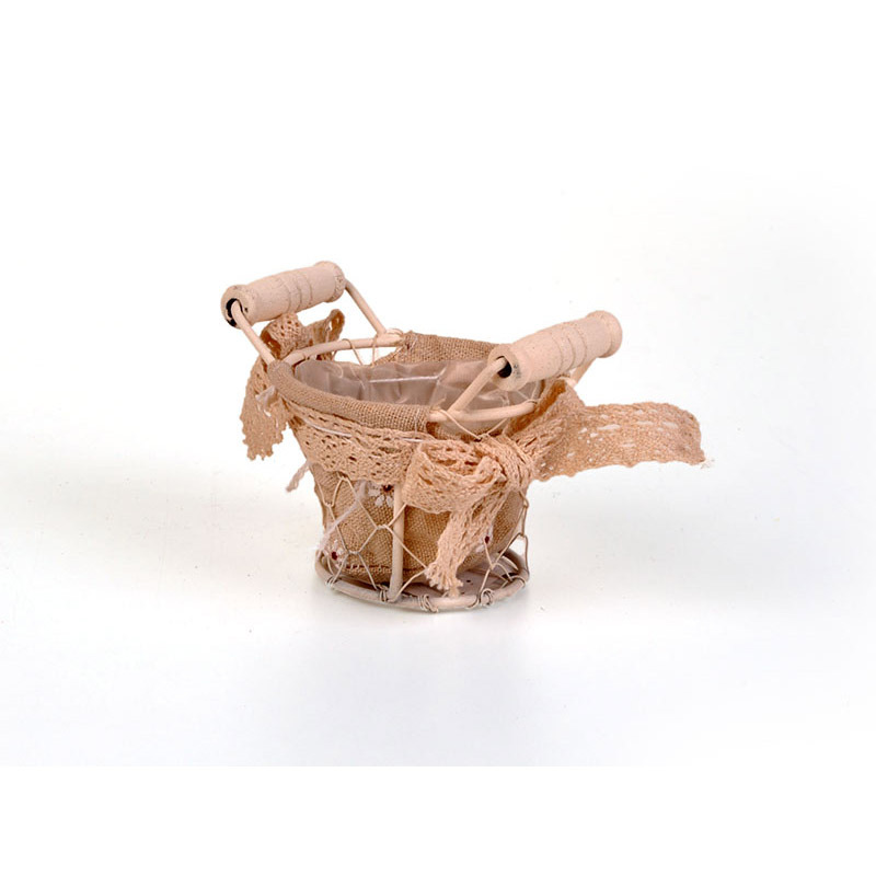 dróthálós kaspó textilbéléssel két fa füllel krém/drapp 8x6/9cm