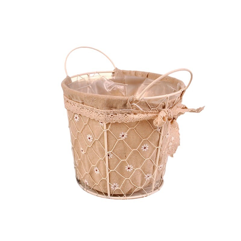 dróthálós kaspó két füllel textil béléssel krém/drapp14x11/14cm